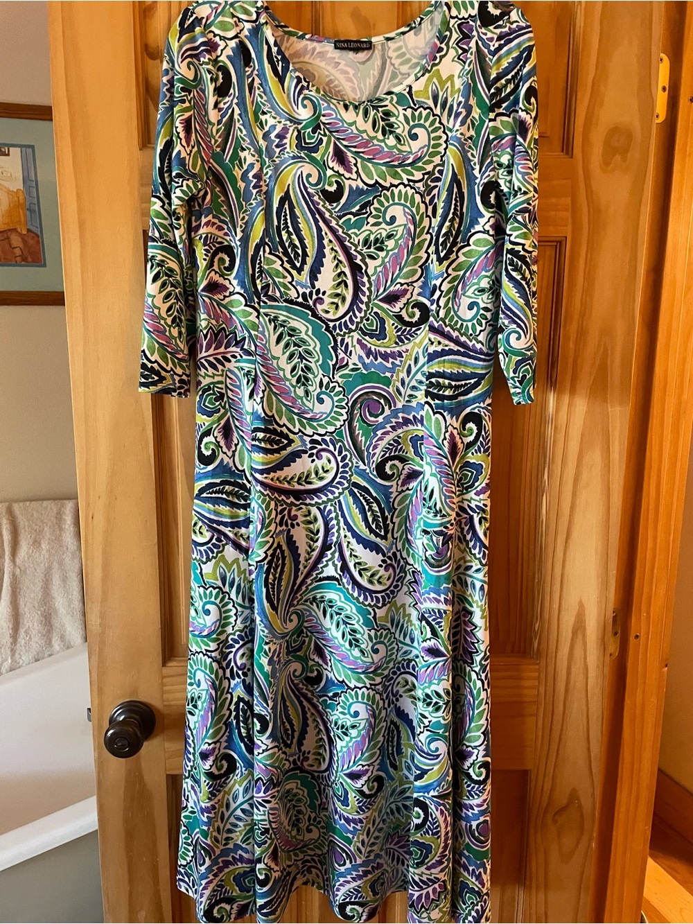 Nina Leonard Paisley Scoop-Neck Long Sleeve Midi Dress in Green, Purple & Blue
